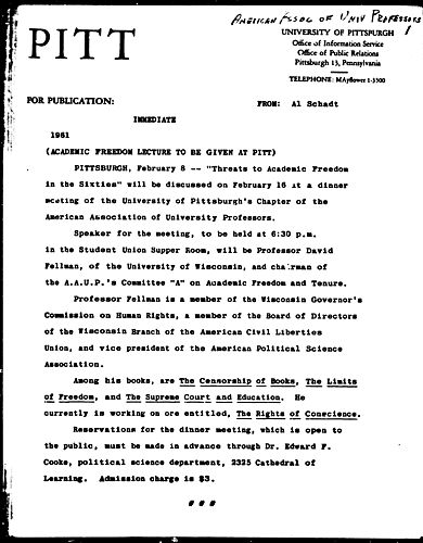 Academic Freedom Lecture To Be Given At Pitt