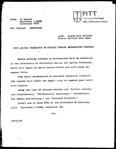 Pitt Spring Trimester To Feature Twelve Mathematics Courses