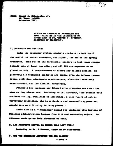 Report Of Employment Prospects For 1961 Graduates At The University Of Pittsburgh By Dr. Walter M. Ritenour, Director Of Placement