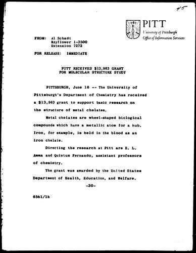 Pitt Receives $13,963 Grant For Molecular Structure Study