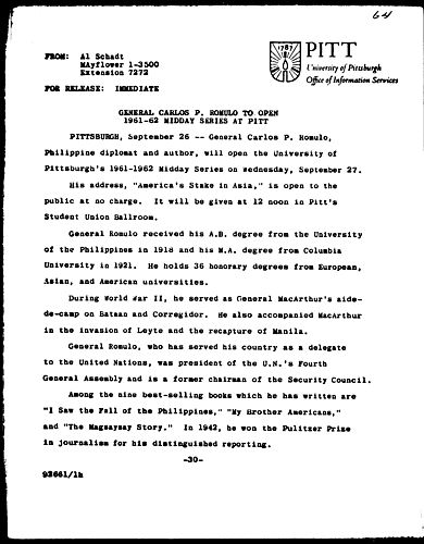 General Carlos P. Romulo To Open 1961-62 Midday Series At Pitt