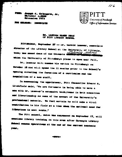 Dr. Lancour Named Dean Of Pitt Library School