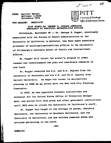 Pitt Names Dr. George S. Duggar Associate Professor Of Municipal Metropolitan Affairs