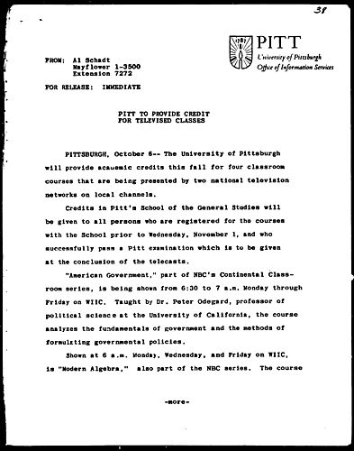 Pitt To Provide Credit For Televised Classes