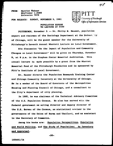 Population Expert To Lecture At Pitt