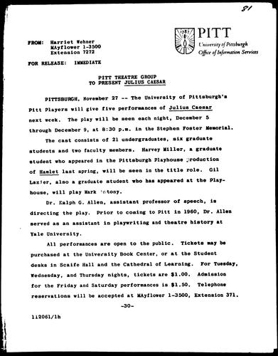 Pitt Theatre Group To Present Julius Caesar