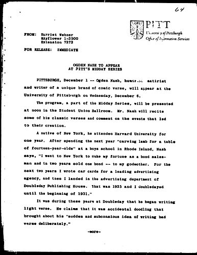 Ogden Nash To Appear At Pitt's Midday Series