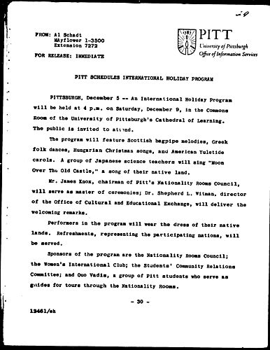 Pitt Schedules International Holiday Program