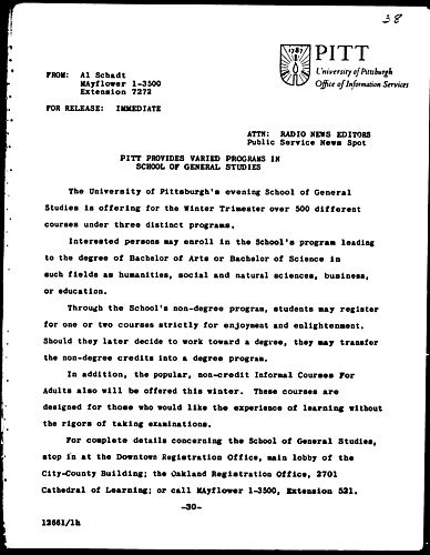 Pitt Provides Varied Programs In School Of General Studies