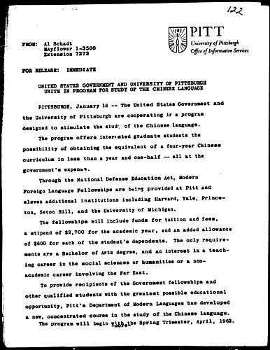 United States Government And University Of Pittsburgh Unite In Program For Study Of The Chinese Language