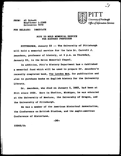 Pitt To Hold Memorial Service For History Professor