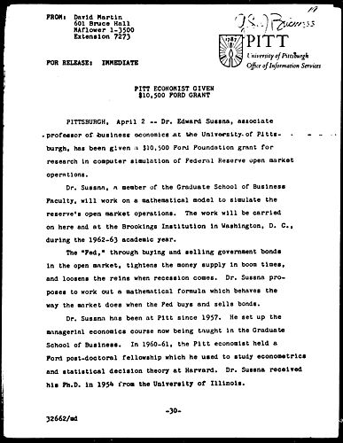 Pitt Economist Given $10,500 Ford Grant