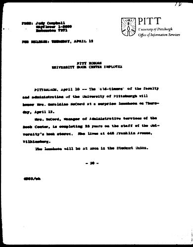 Pitt Honors University Book Center Employee