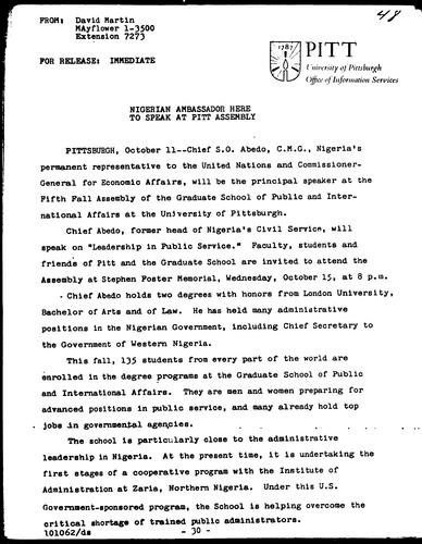 Nigerian Ambassador Here To Speak At Pitt Assembly