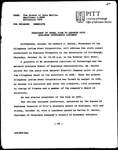 President Of Steel Firm To Address Pitt Business Conference Luncheon