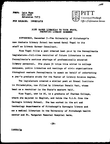 Pitt Names Librarian To Tour State, Promoting Library Careers