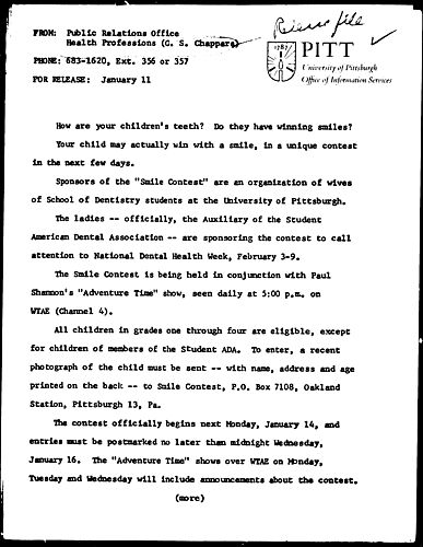 [[Pitt Dental Students' Wives Sponsor "Smile Contest"]