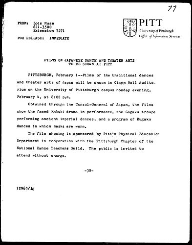 Films On Japanese Dance And Theater Arts To Be Shown At Pitt