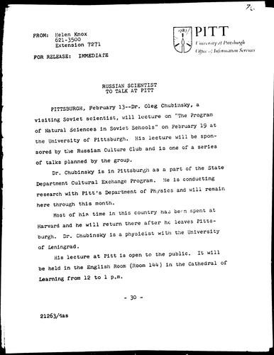 Russian Scientist To Talk At Pitt