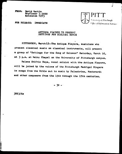 Antiqua Players To Present Settings For Biblical Songs