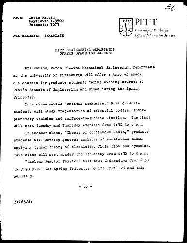 Pitt Engineering Department Offers Space Age Courses