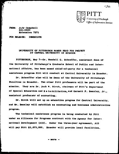 University Of Pittsburgh Names Head For Project At Central University In Ecuador