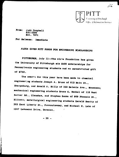 ALCOA Gives Pitt Funds For Engineering Scholarships