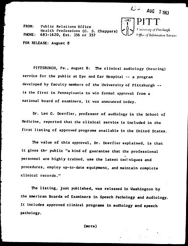 [Pitt's Clinical Audiology Service Wins Formal Approval]