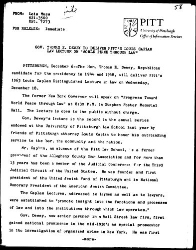 Gov. Thomas E. Dewey To Deliver Pitt's Louis Caplan Law Lecture On "World Peace Through Law"