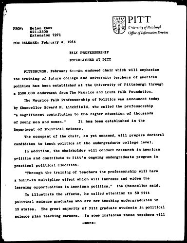 Falk Professorship Established At Pitt