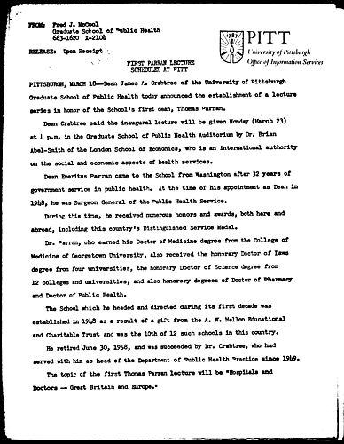 First Parran Lecture Scheduled At Pitt