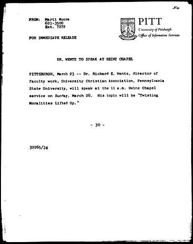 Dr. Wentz To Speak At Heinz Chapel