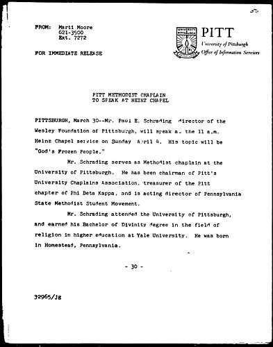 Pitt Methodist Chaplain To Speak At Heinz Chapel