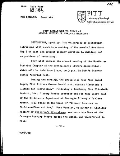 Pitt Librarians To Speak At Annual Meeting Of Area's Librarians