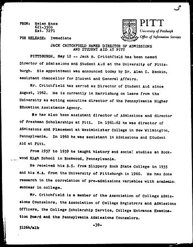 Jack Critchfield Named Director Of Admissions And Student Aid At Pitt