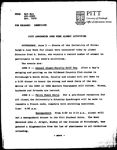 Pitt Announces June Week Alumni Activities