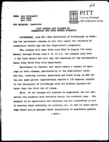 Pitt Offers Art Classes To Elementary And High School Students