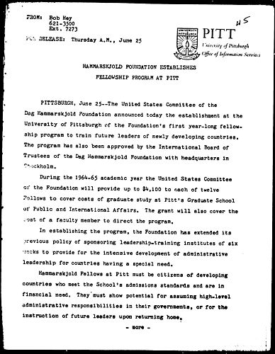 Hammarskjold Foundation Establishes Fellowship Program At Pitt