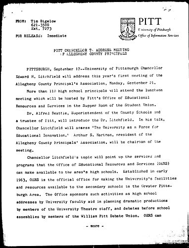 Pitt Chancellor To Address Meeting Of Allegheny County Principals