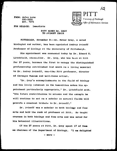 Pitt Names Dr. Gray To Avinoff Chair