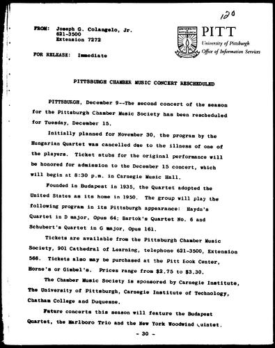 Pittsburgh Chamber Music Concert Rescheduled