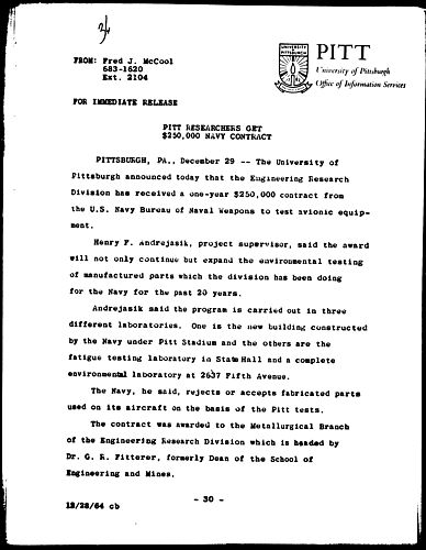 Pitt Researchers Get $250,000 Navy Contract