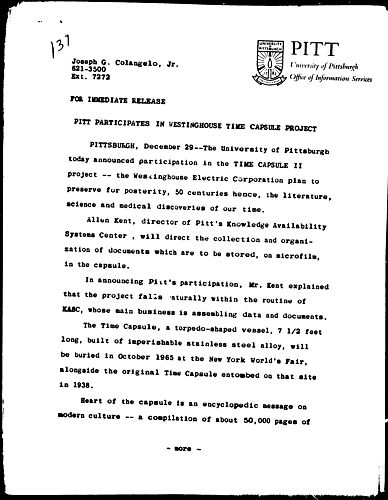 Pitt Participates In Westinghouse Time Capsule Project