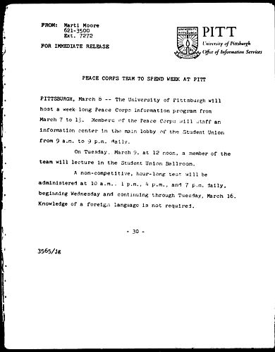 Peace Corps Team To Spend Week At Pitt