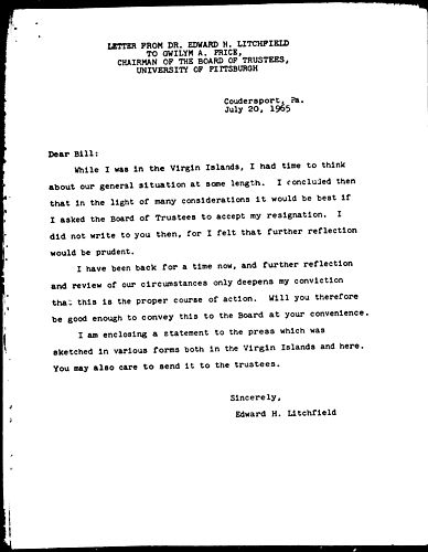 Letter From Dr. Edward H. Litchfield To Gwilym A. Price, Chairman Of The Board Of Trustees, University Of Pittsburgh