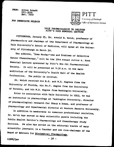 Yale Pharmacologist To Deliver Pitt's Koch Memorial Lecture