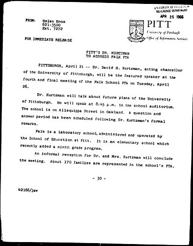 Pitt's Dr. Kurtzman To Address Falk PTA