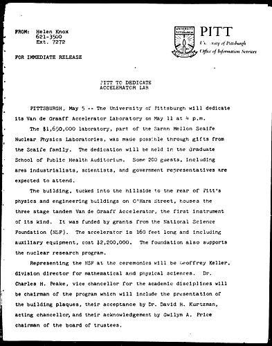 Pitt To Dedicate Accelerator Lab