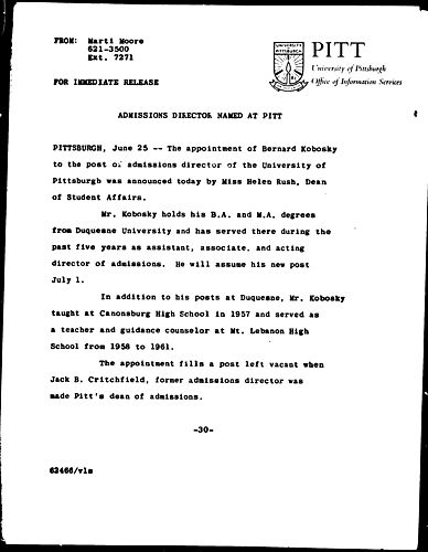 Admissions Director Named At Pitt