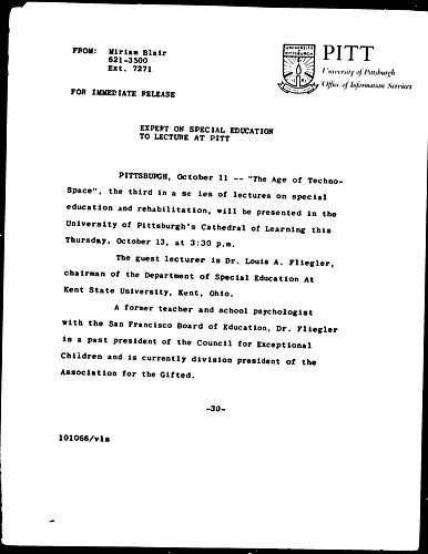 Expert On Special Education To Lecture At Pitt